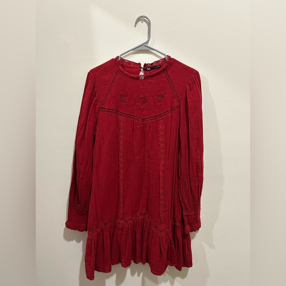 Zara Crimson Embroidered Long Sleeve Dress